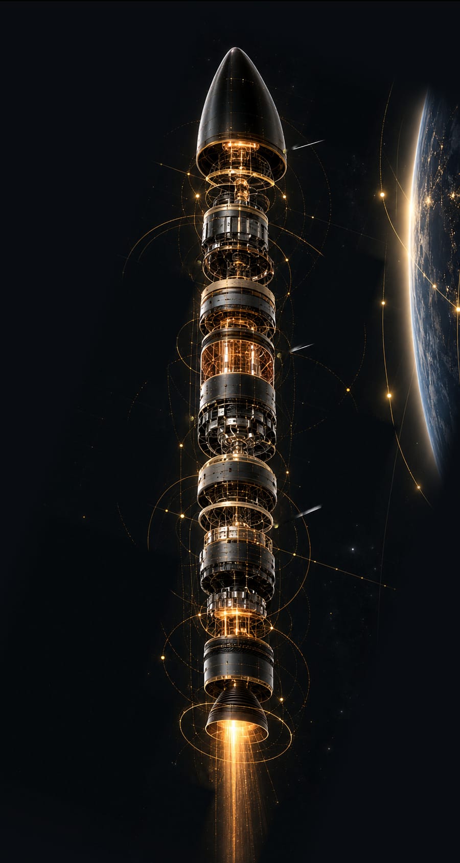 Exploded rocket and Earth: a conceptual illustration of connected engineering disciplines.