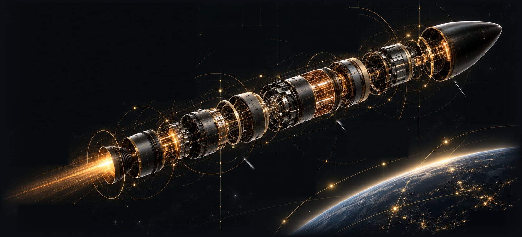 Exploded rocket and Earth: a conceptual illustration of connected engineering disciplines.
